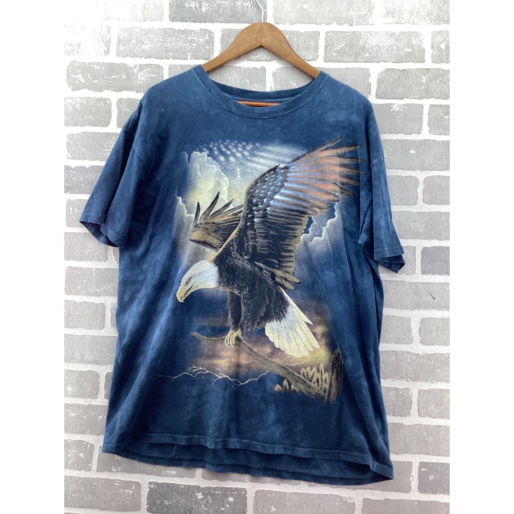The Mountain Bald Eagle Graphic Tie Dye T-Shirt Blue Large Cotton Short Sleeve